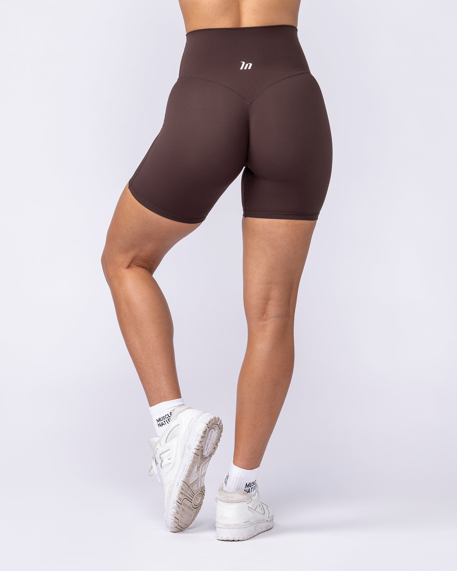 Aura Peachy High Invisible Scrunch Bike Shorts Cocoa - Muscle Nation women's bike shorts, view 6