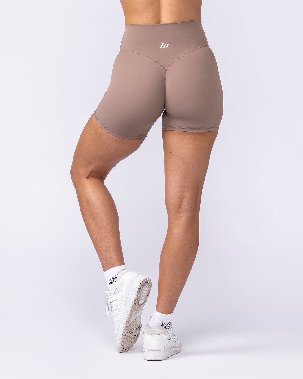 Aura Peachy Invisible Scrunch Midway Shorts Cookie - Muscle Nation women's gym shorts, view 6