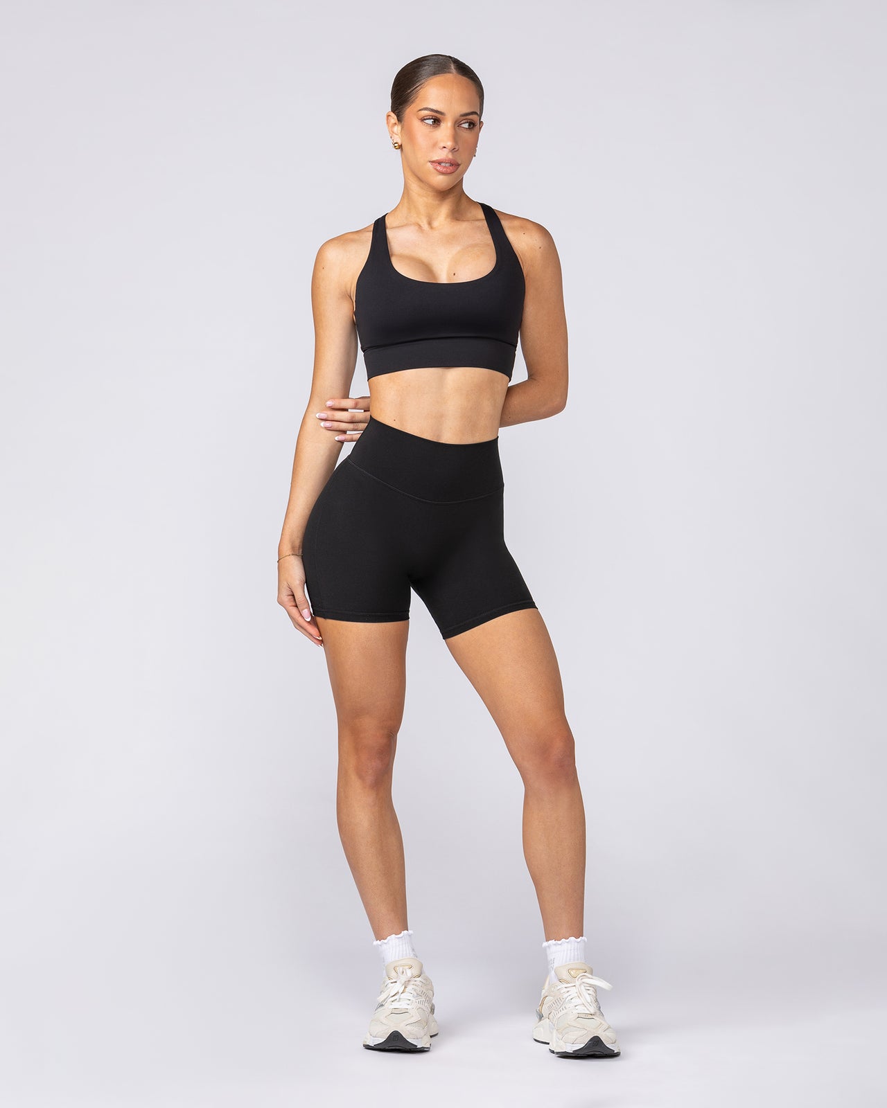 Aura Peachy Invisible Scrunch Midway Shorts Black - Muscle Nation women's gym shorts, view 7
