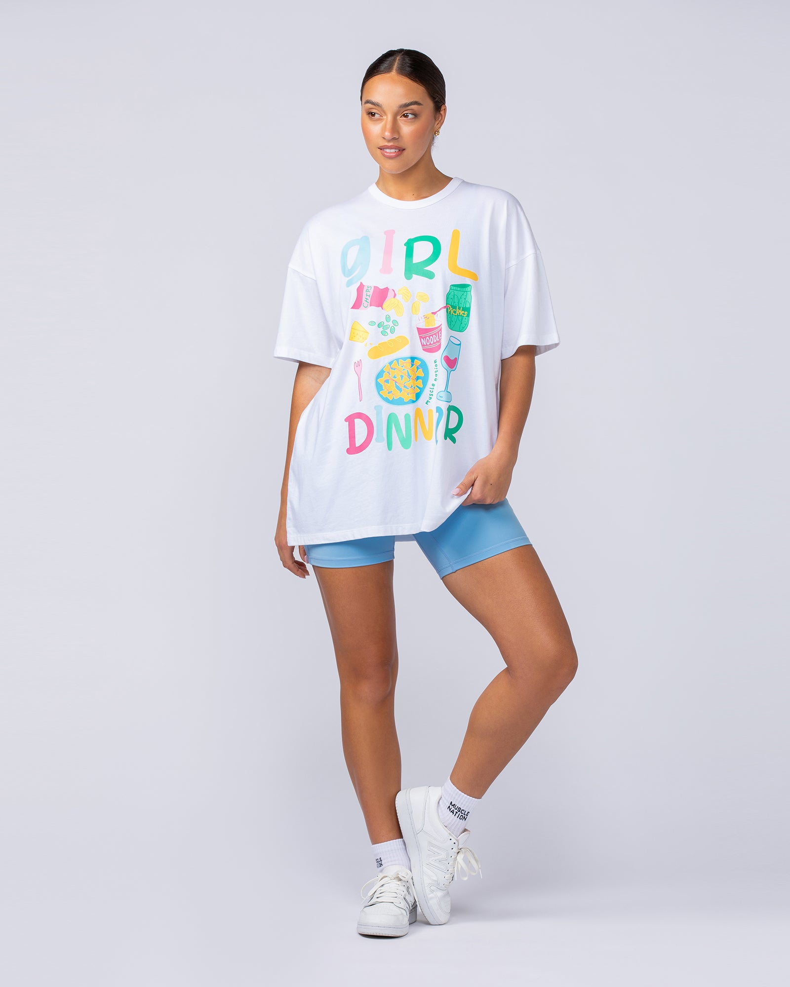 Girl Dinner Oversized Tee - White-T-Shirts-XXS-112461WHT-XXS-MNAPPRL34577-4-Muscle Nation