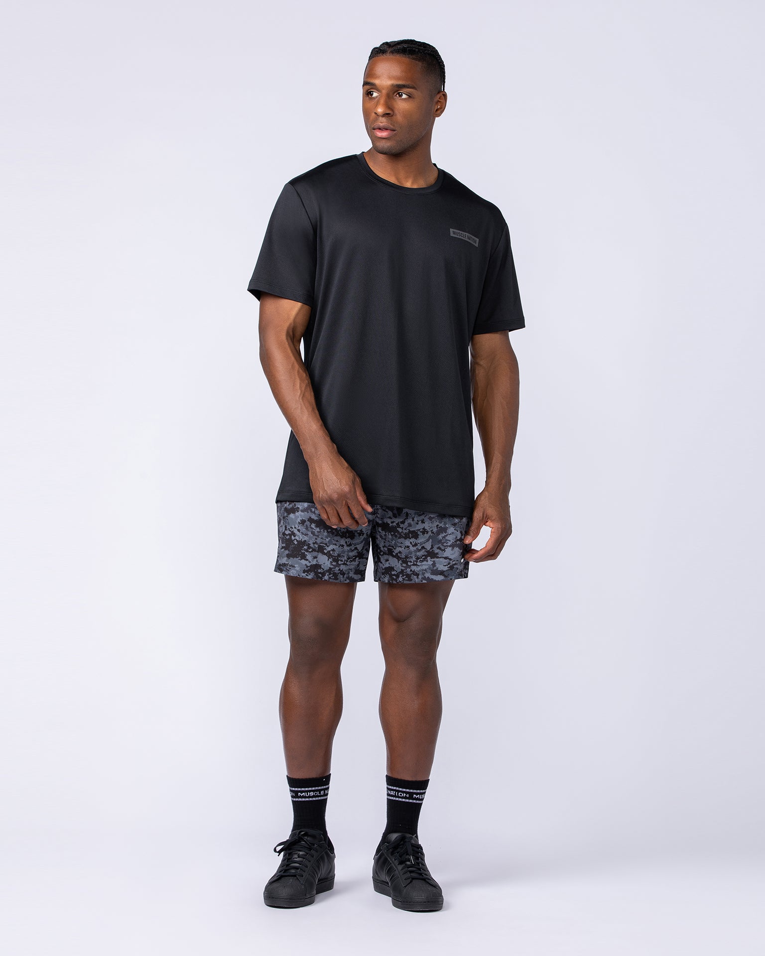 Level Up Training 4" Shorts - Grey/Black Distressed Print-Shorts-S-1124129GBDP-S-MNAPPRL35473-6-Muscle Nation