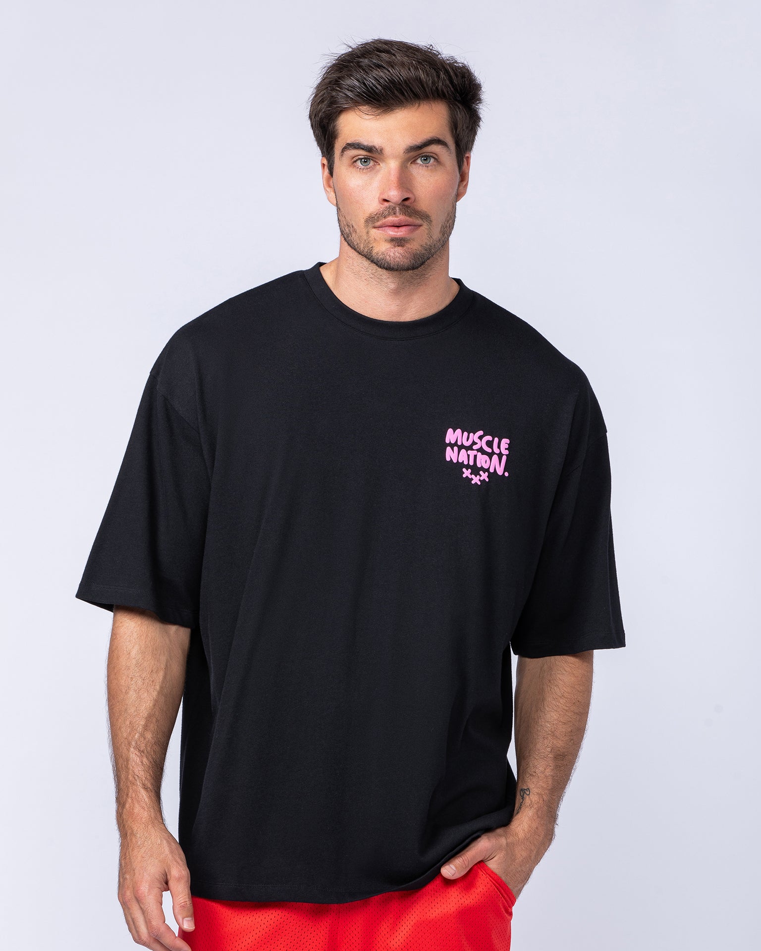 Mens Biggest Fan Oversized Tee - Black-T-Shirts-XS-112474BLK-XS-MNAPPRL35331-5-Muscle Nation