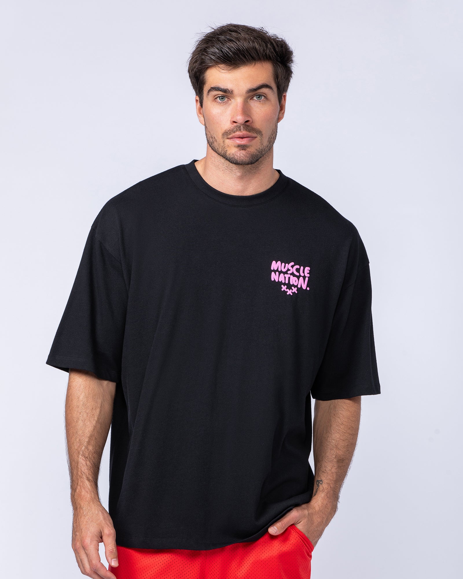 Mens Biggest Fan Oversized Tee - Black-T-Shirts-XS-112474BLK-XS-MNAPPRL35331-5-Muscle Nation