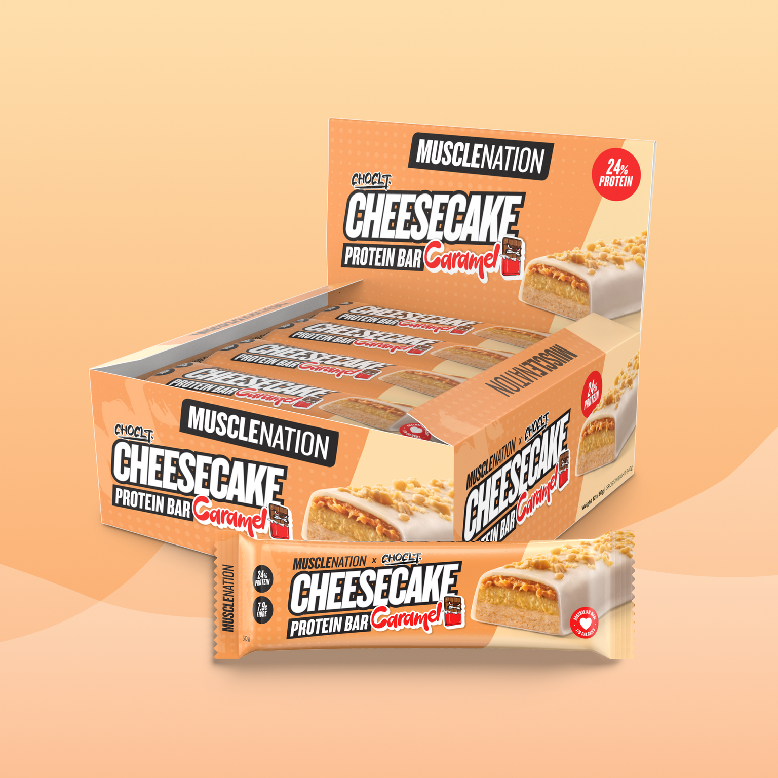 MN x CHOCLT CHEESECAKE Protein Bar - Caramel - Box of 12-Protein Bars-MNSUPPS0309-19359054001029-1-Muscle Nation