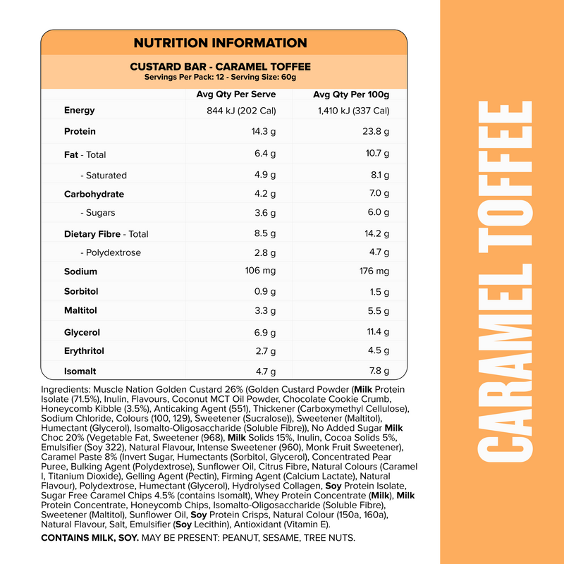 CUSTARD Protein Bar - Caramel Toffee - Box of 12-Protein Bars-MNSUPPS0195-19359054000350-3-Muscle Nation