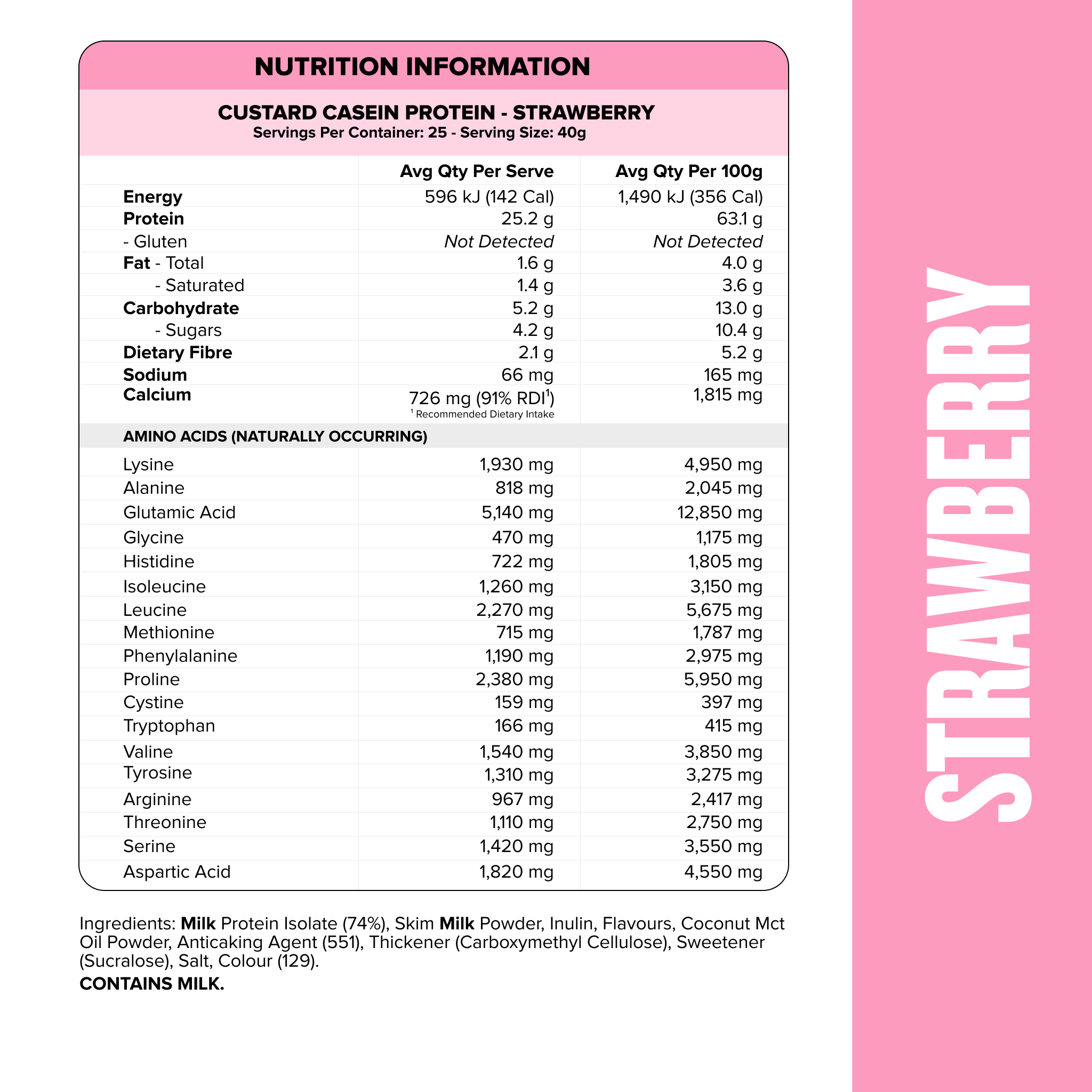CUSTARD Casein Protein - Strawberry - 25 serves-Custard Casein Powder-MNSUPPS0322-9359054001428-2-Muscle Nation