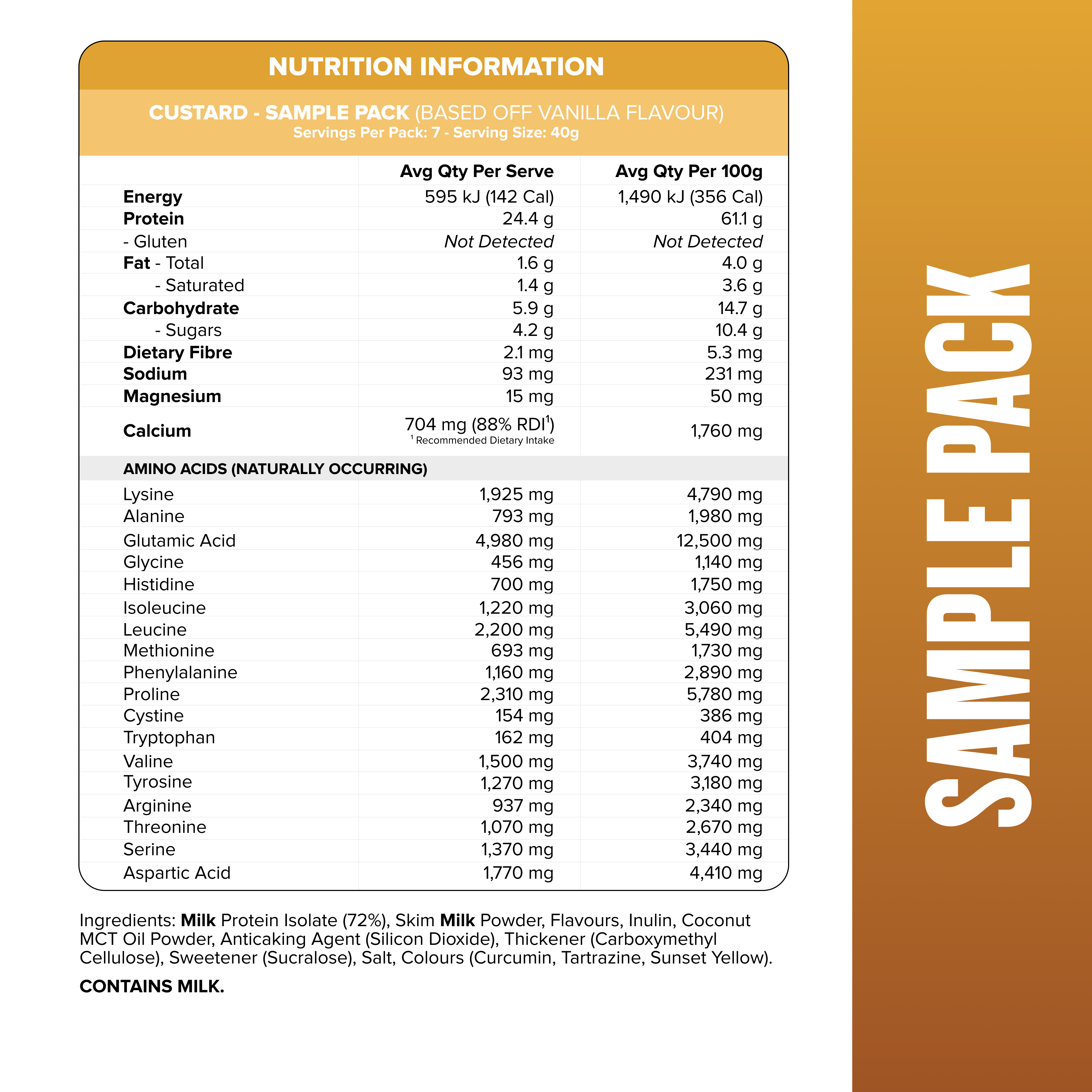 CUSTARD Casein Protein - Sample Pack - 7 Flavours-Custard Casein Powder Sample-MNSUPPS0342-9359054001626-2-Muscle Nation