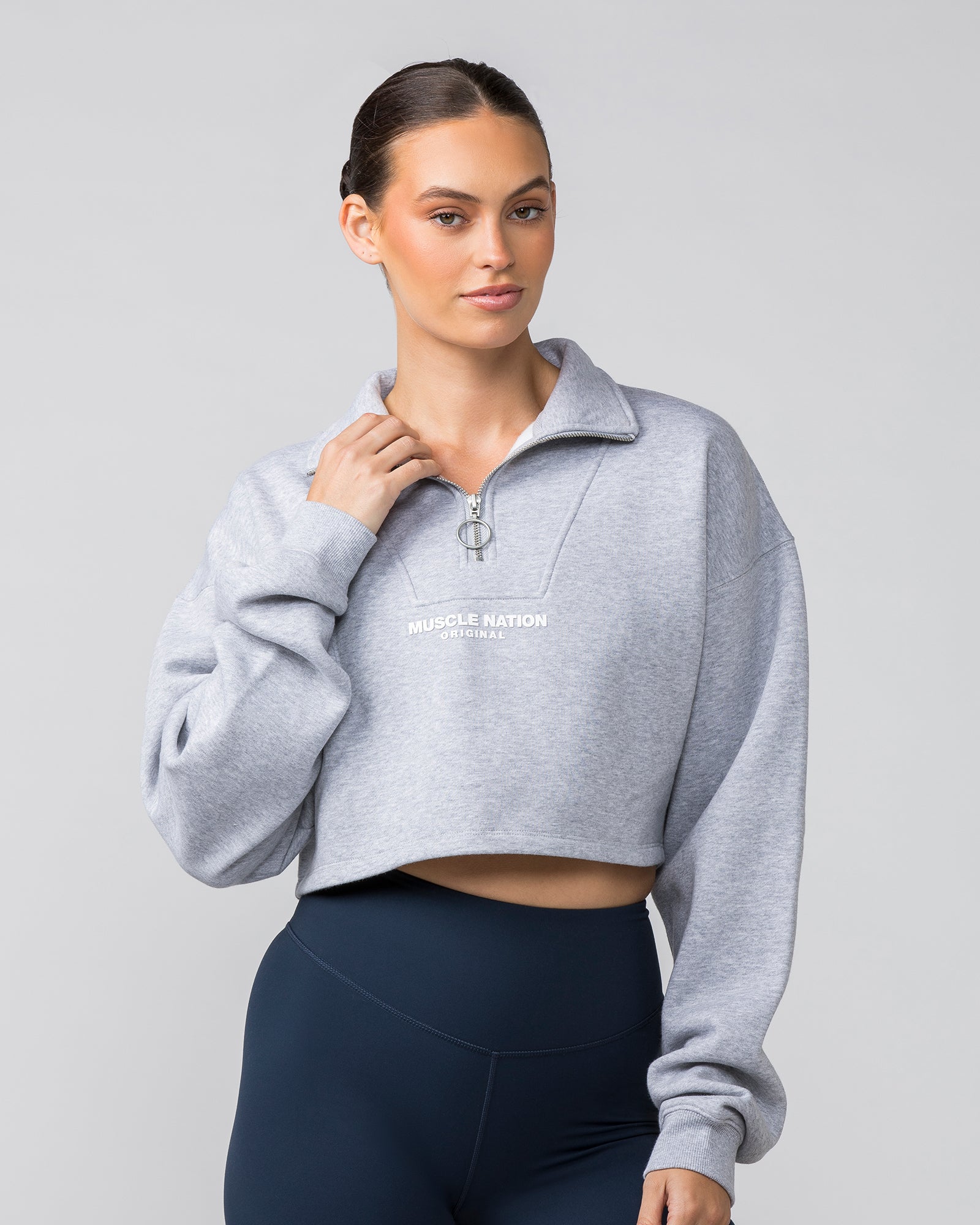 Cropped Quarter Zip - Light Grey Marl-Jumpers & Hoodies-XXS-042413LTGRYMRL-XXS-MNAPPRL30516-1-Muscle Nation