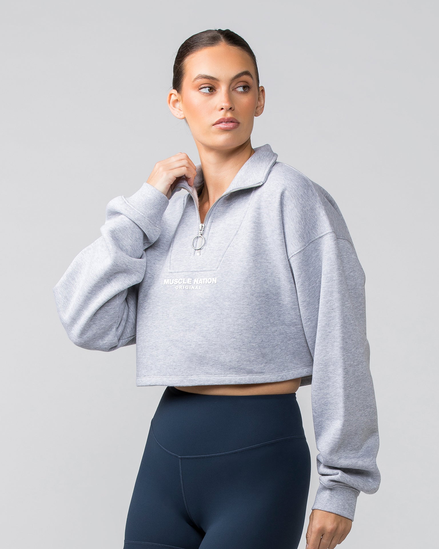 Cropped Quarter Zip - Light Grey Marl-Jumpers & Hoodies-XXS-042413LTGRYMRL-XXS-MNAPPRL30516-3-Muscle Nation