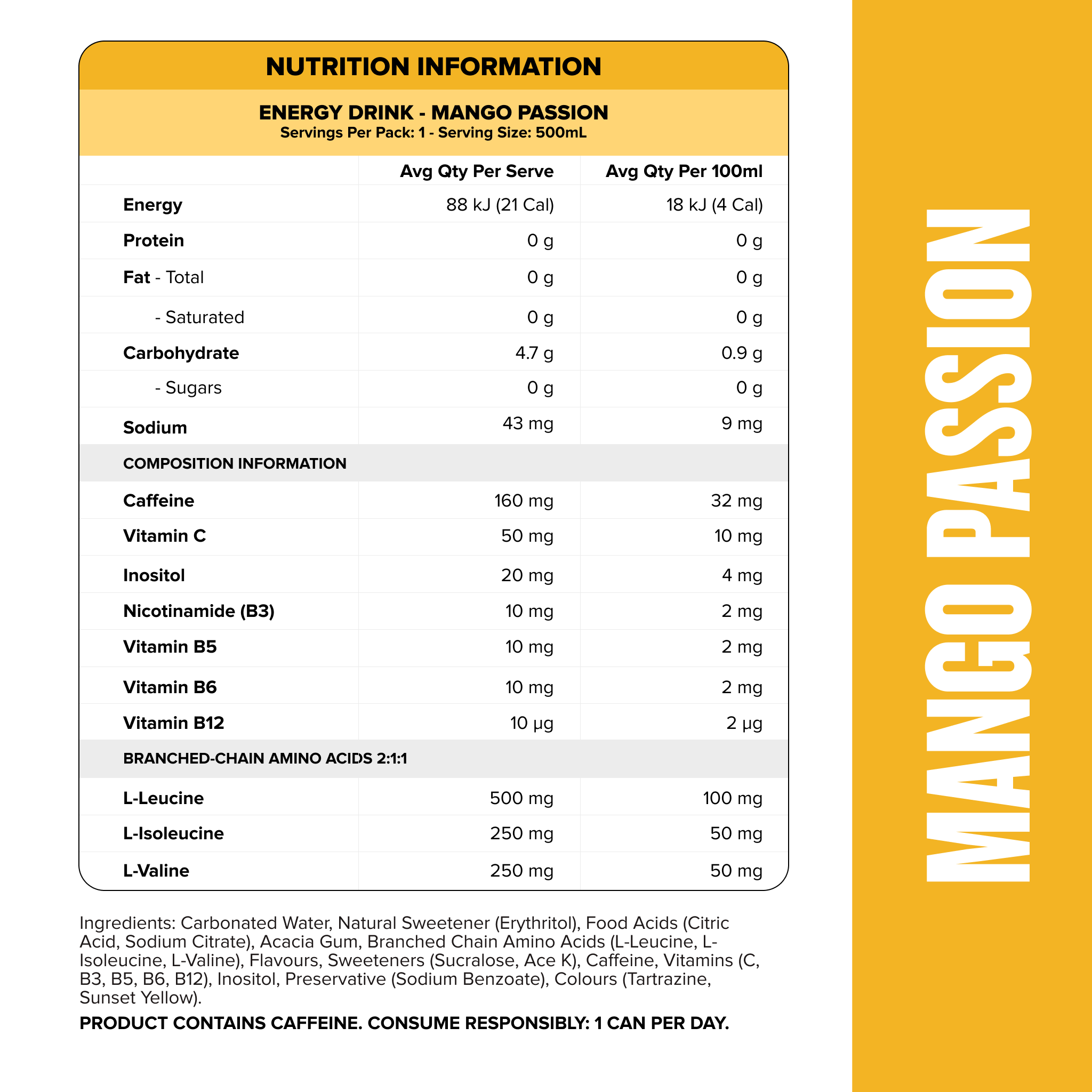 ENERGY DRINK Zero Sugar - Mango Passion 500ml (12 Pack)-Energy Drinks-MNSUPPS0272-19359054000817-2-Muscle Nation