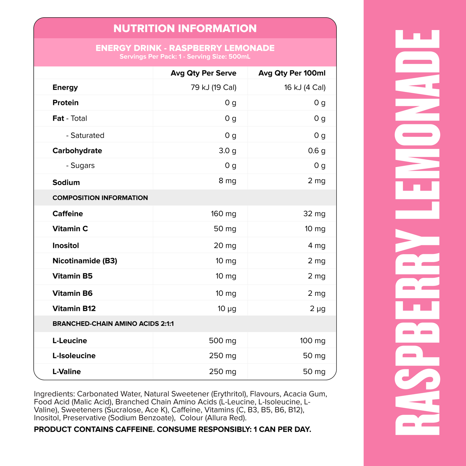 MN ENERGY DRINK Zero Sugar - Raspberry Lemonade 500ml (12 Pack)-Energy Drinks-MNSUPPS0274-19359054000800-2-Muscle Nation