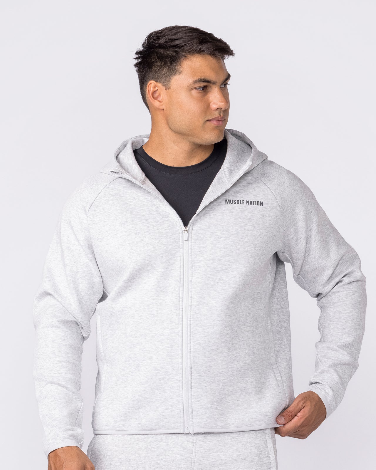 Essential Tech Zip Hoodie Grey Marl - Muscle Nation men's hoodie, view 3