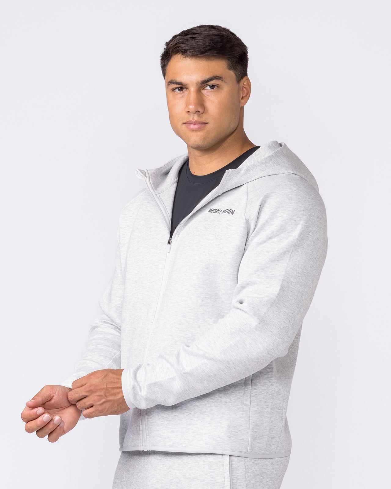 Essential Tech Zip Hoodie Grey Marl - Muscle Nation men's hoodie, view 4