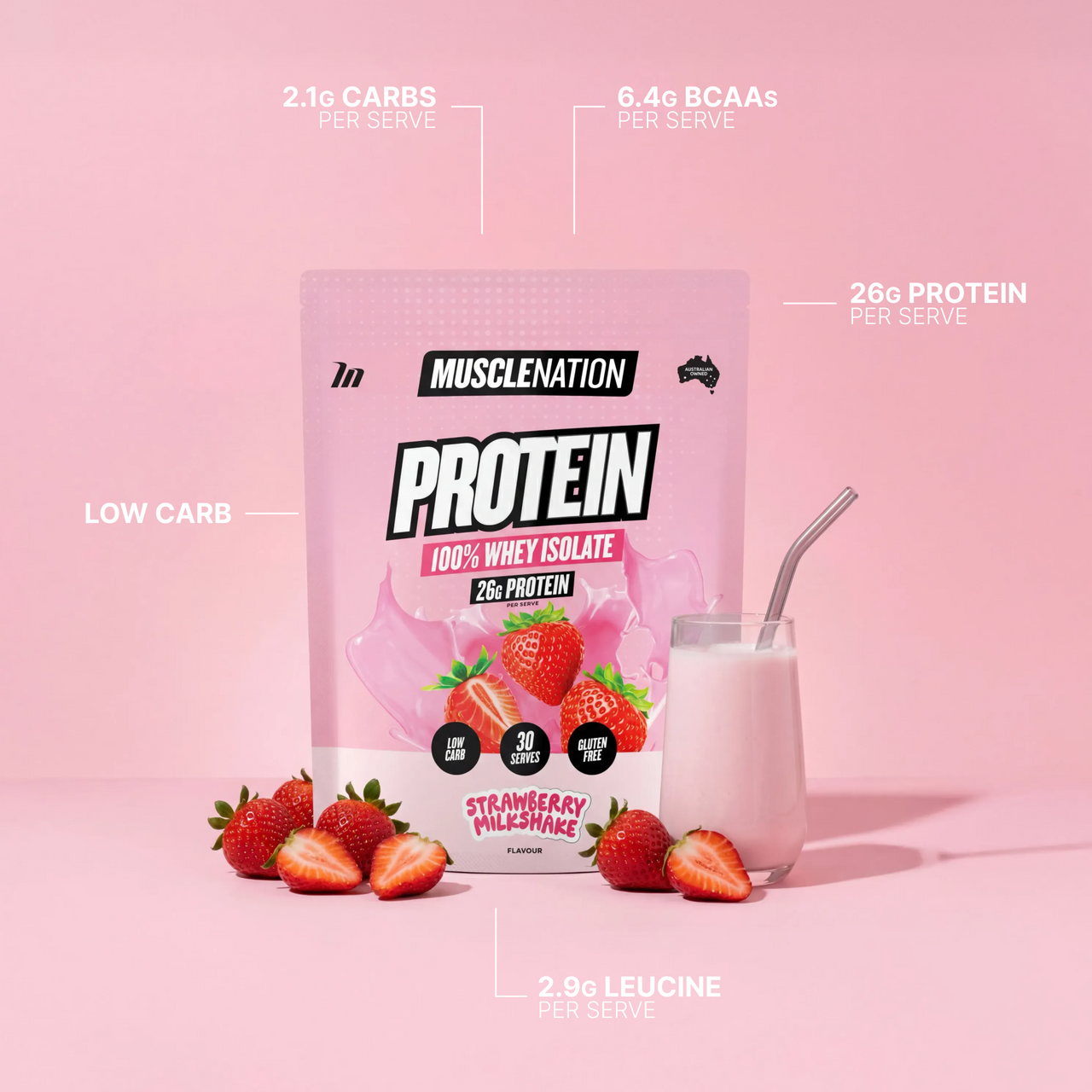 WHEY Protein Isolate Strawberry Milkshake - Muscle Nation whey protein powder, view 2