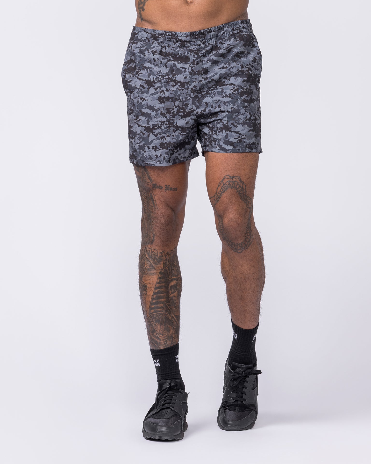 Function 4" Shorts - Grey/ Black Distressed Print-Shorts-S-062410GBDP-S-MNAPPRL31807-4-Muscle Nation