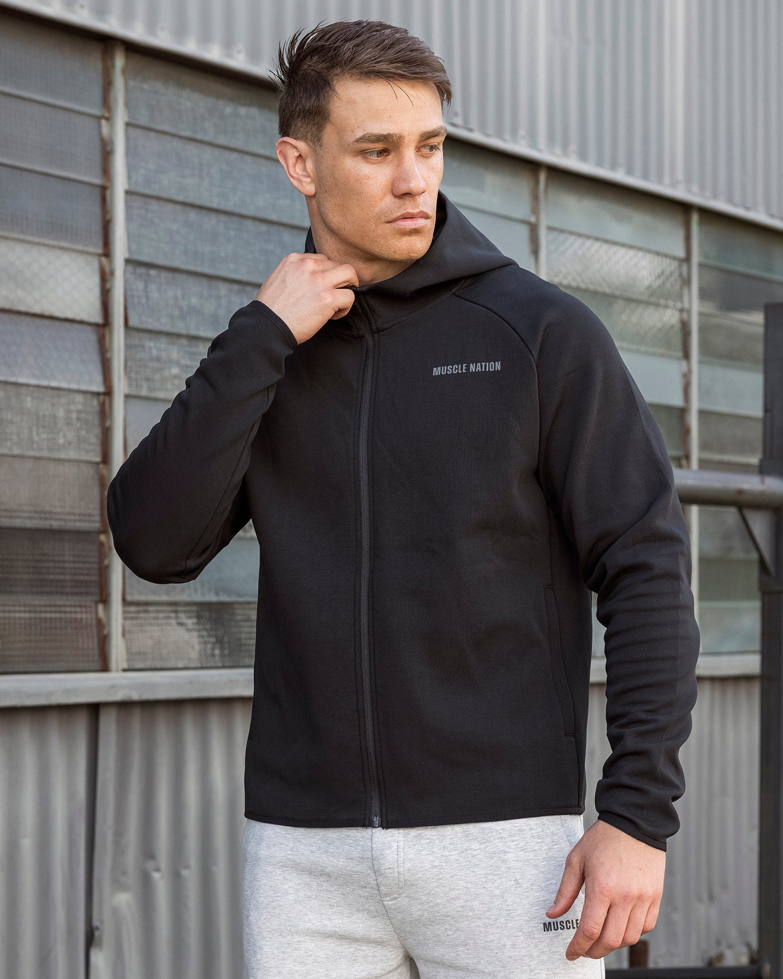 Essential Tech Zip Hoodie Black - Muscle Nation men's hoodie