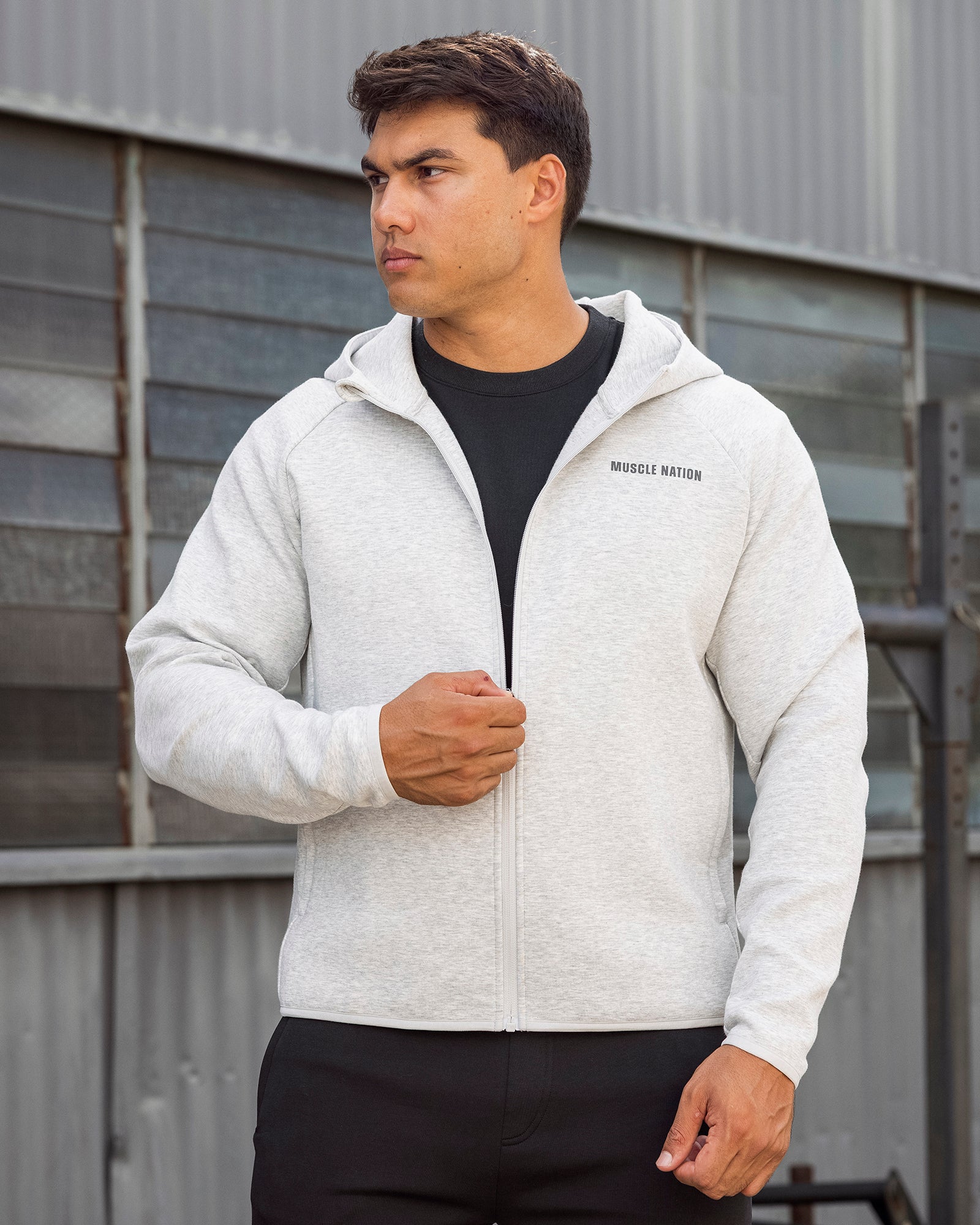Essential Tech Zip Hoodie Grey Marl - Muscle Nation men's hoodie