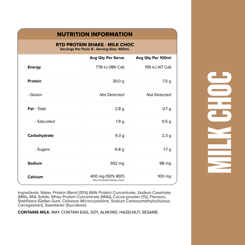 Protein Shake RTD - Milk Choc 400ml Bottle (6 Pack)-Ready to Drink-MNSUPPS0362-19359054001760-2-Muscle Nation