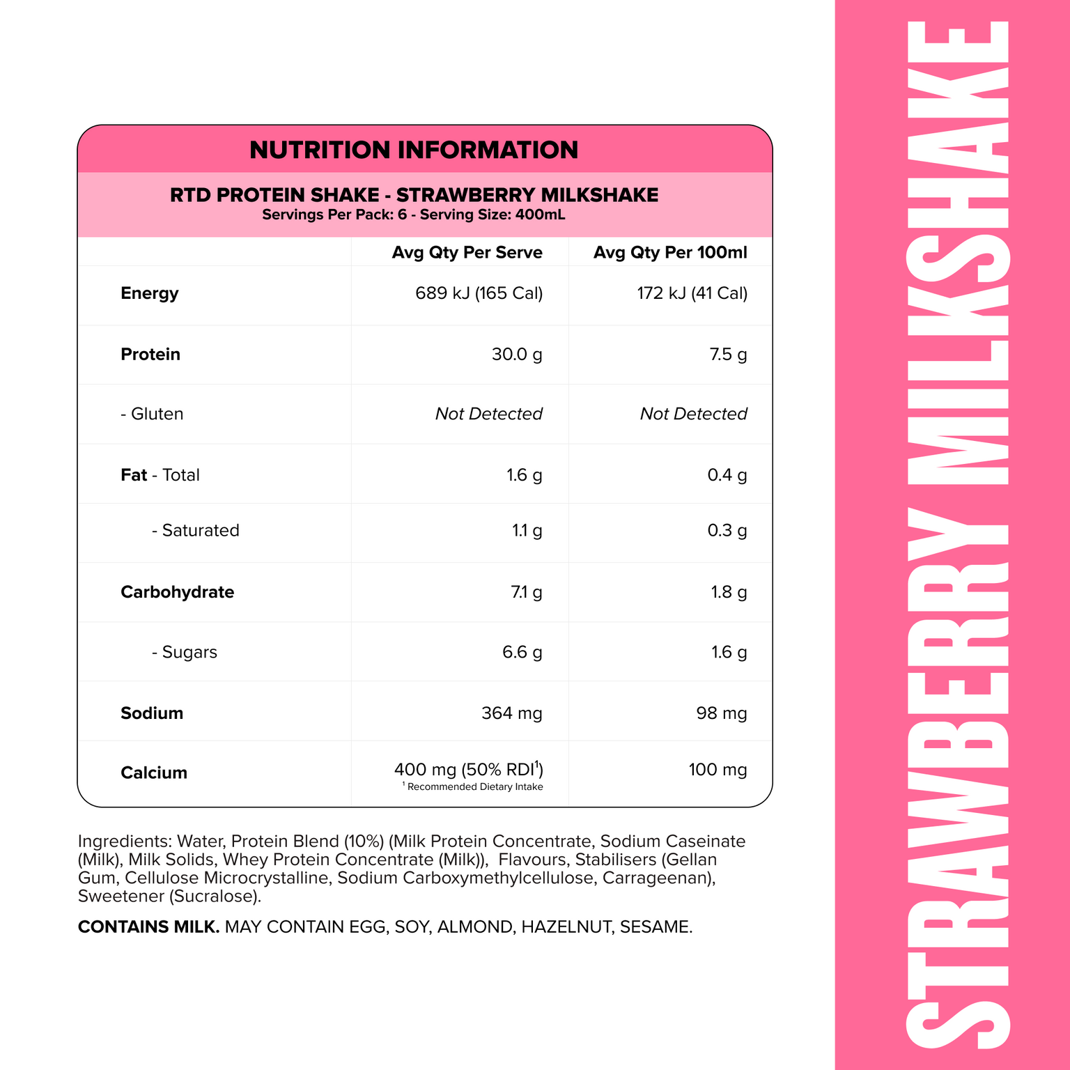 Protein Shake RTD - Strawberry Milkshake 400ml Bottle (6 Pack)-Ready to Drink-MNSUPPS0364-19359054001784-2-Muscle Nation