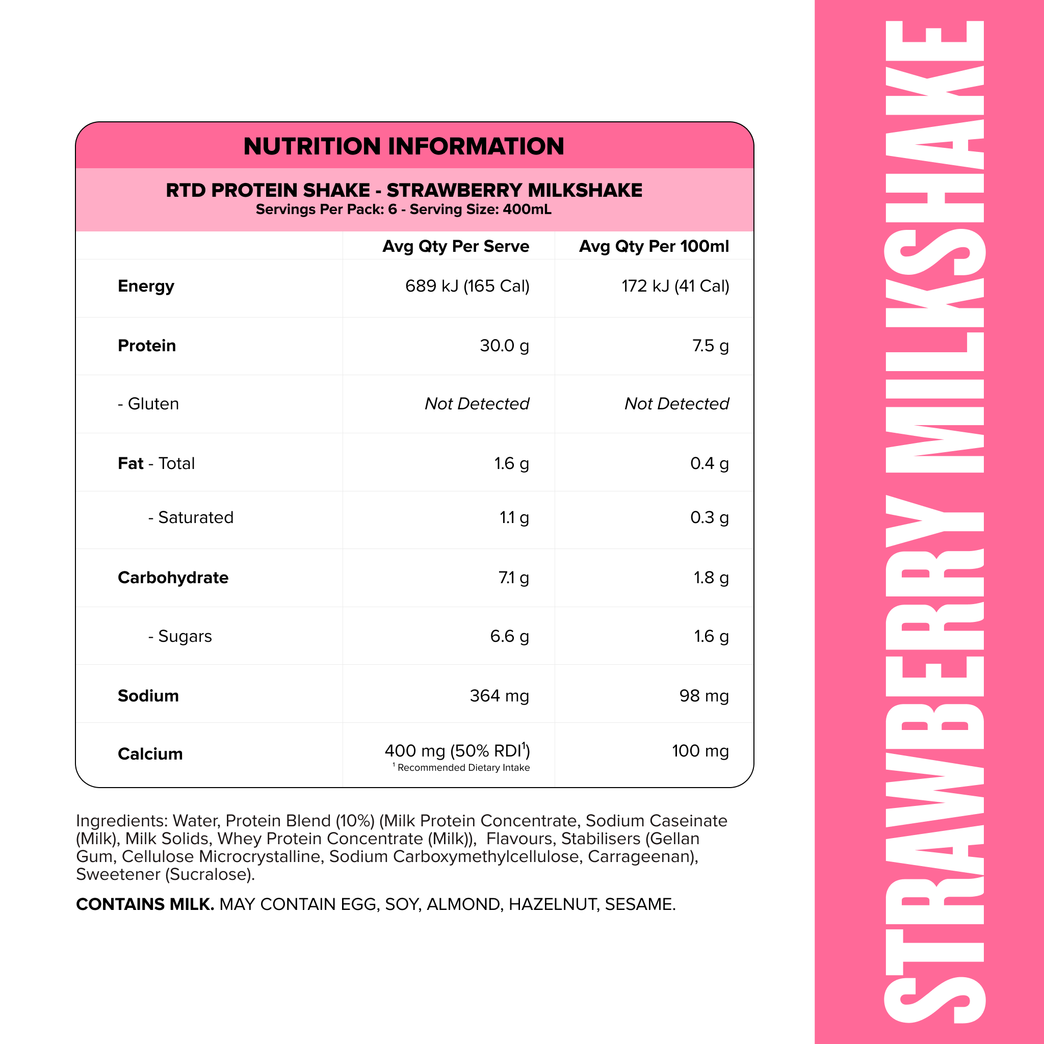 Protein Shake RTD - Strawberry Milkshake 400ml Bottle (6 Pack)-Ready to Drink-MNSUPPS0364-19359054001784-2-Muscle Nation