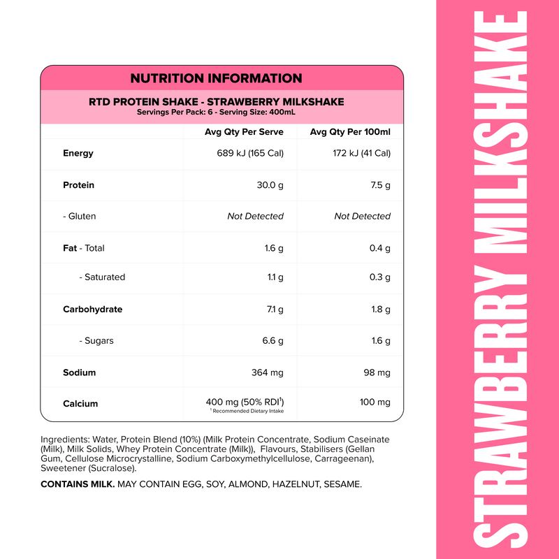 Protein Shake RTD - Strawberry Milkshake 400ml Bottle (6 Pack)-Ready to Drink-MNSUPPS0364-19359054001784-2-Muscle Nation