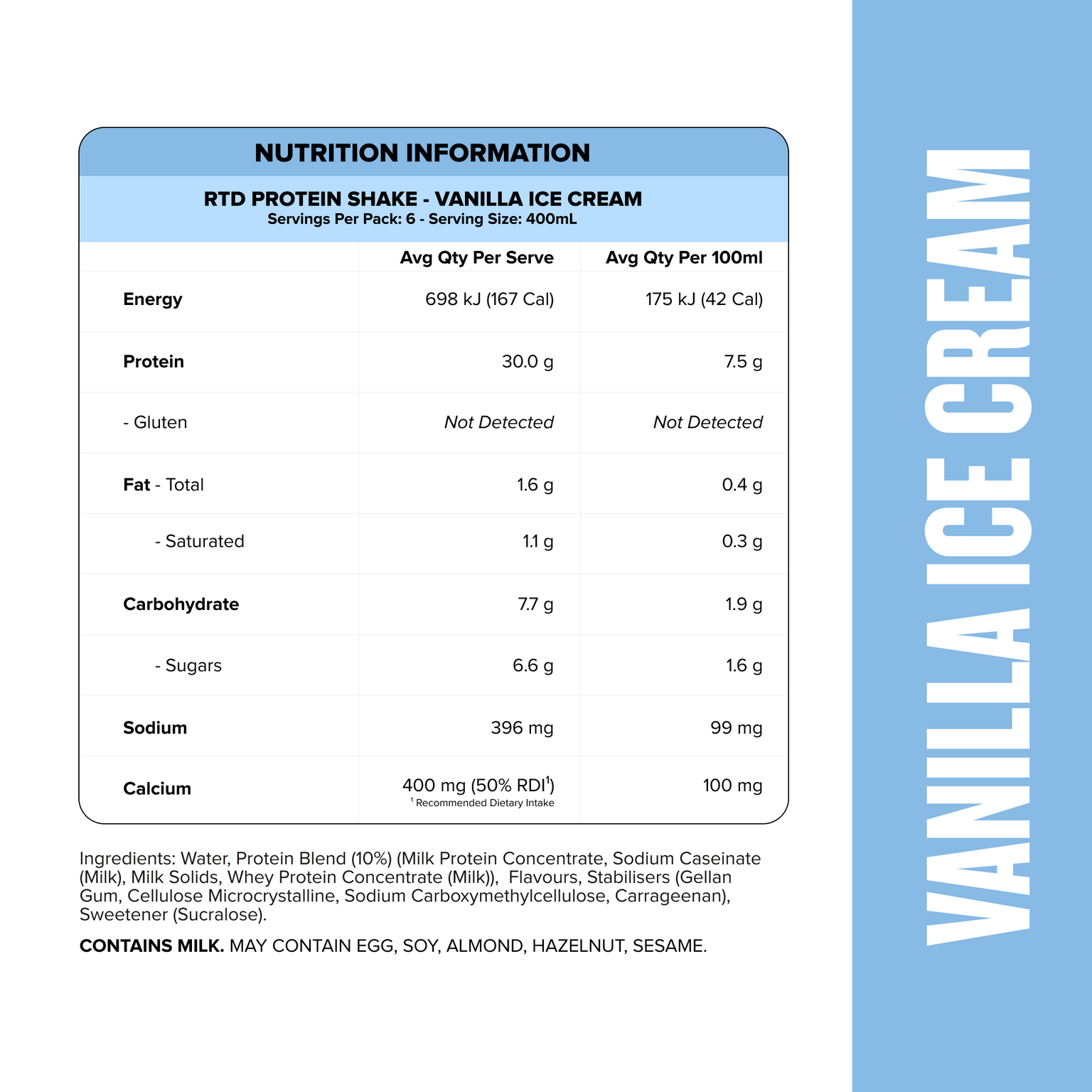 Protein Shake RTD - Vanilla Ice Cream 400ml Bottle (6 Pack)-Ready to Drink-MNSUPPS0363-19359054001777-2-Muscle Nation