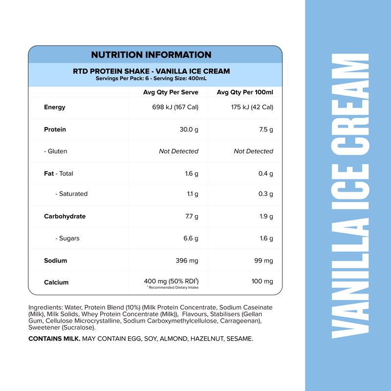 Protein Shake RTD - Vanilla Ice Cream 400ml Bottle (6 Pack)-Ready to Drink-MNSUPPS0363-19359054001777-2-Muscle Nation