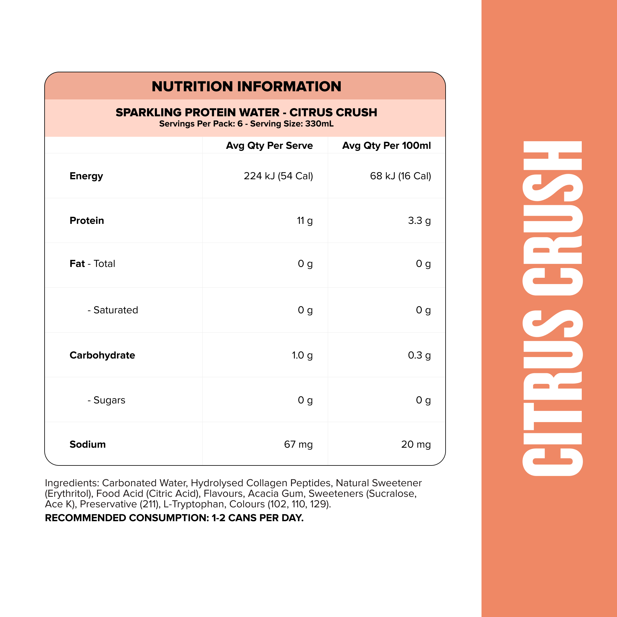 SPARKLING PROTEIN WATER Zero Sugar - Citrus Crush 330ml (12 Pack)-Sparkling Protein Water-MNSUPPS0277-0119359054002088-2-Muscle Nation