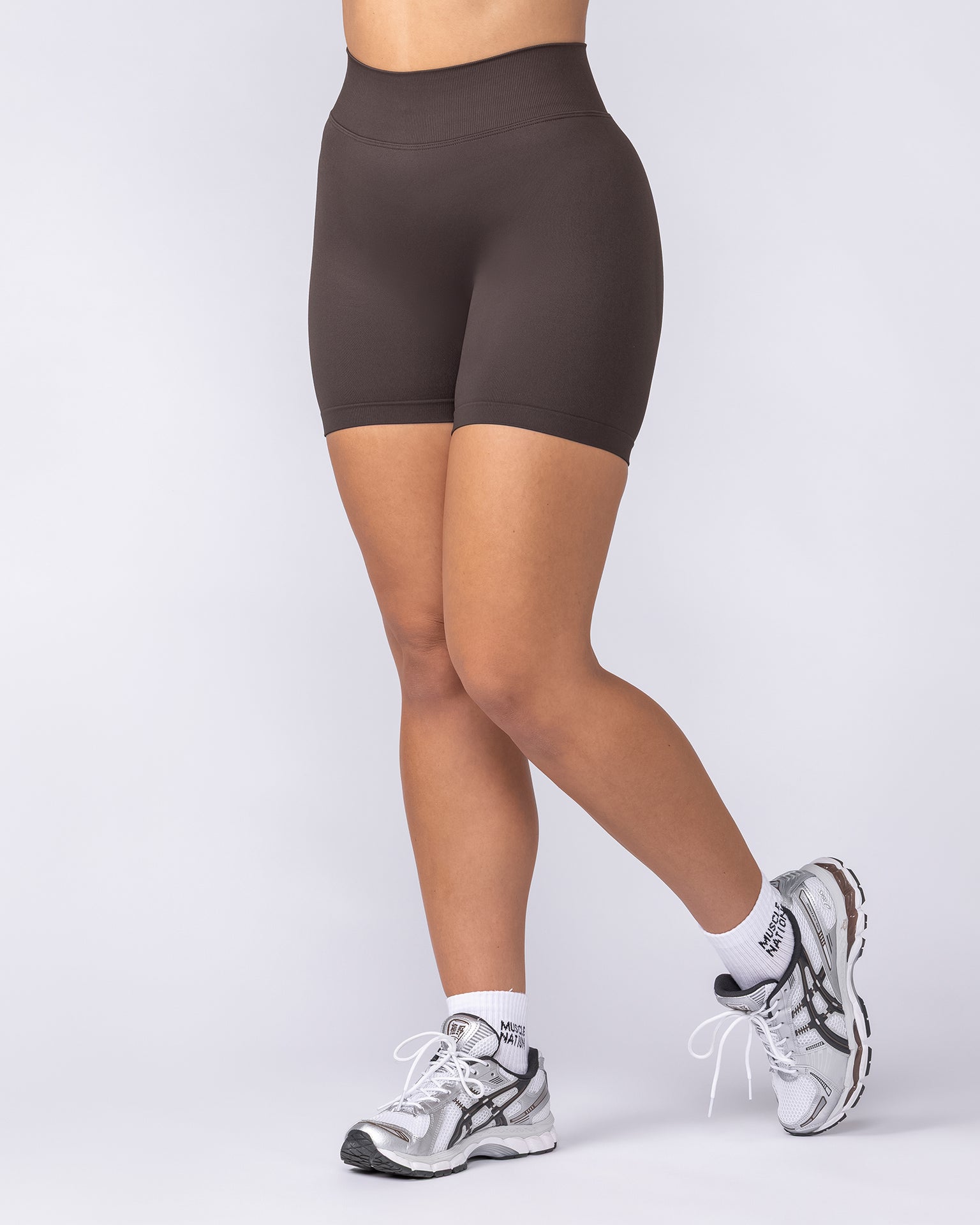 Sculpt Seamless Midway Shorts Cocoa - Muscle Nation women's gym shorts, view 2