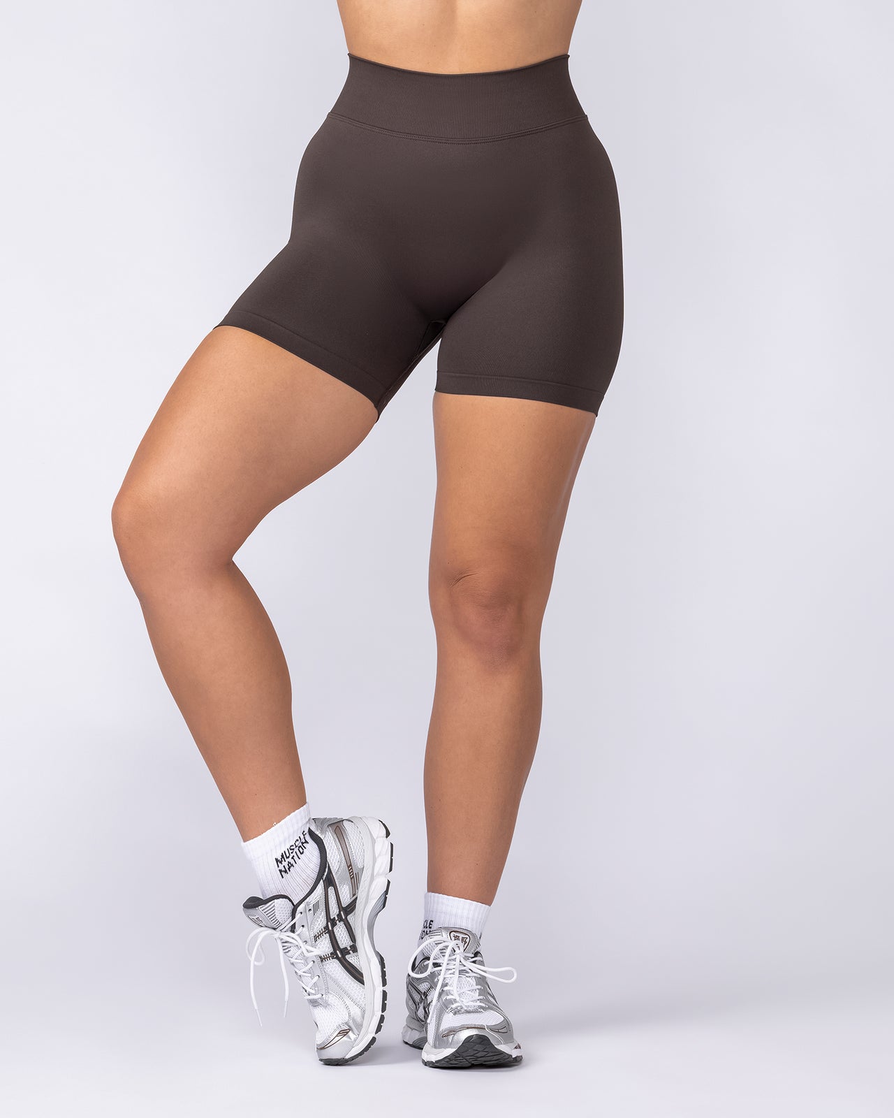 Sculpt Seamless Midway Shorts Cocoa - Muscle Nation women's gym shorts, view 3