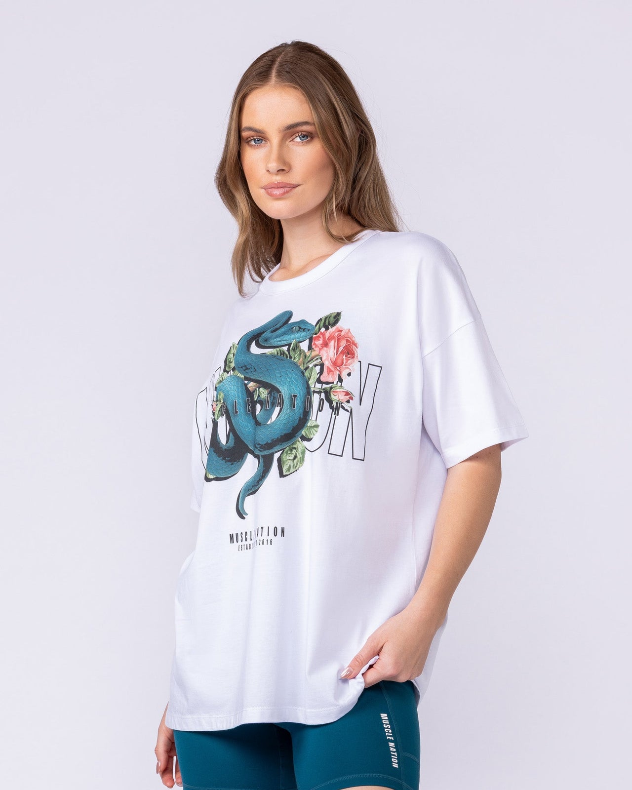 Viper Oversized Tee White - Muscle Nation women's gym tee, view 4