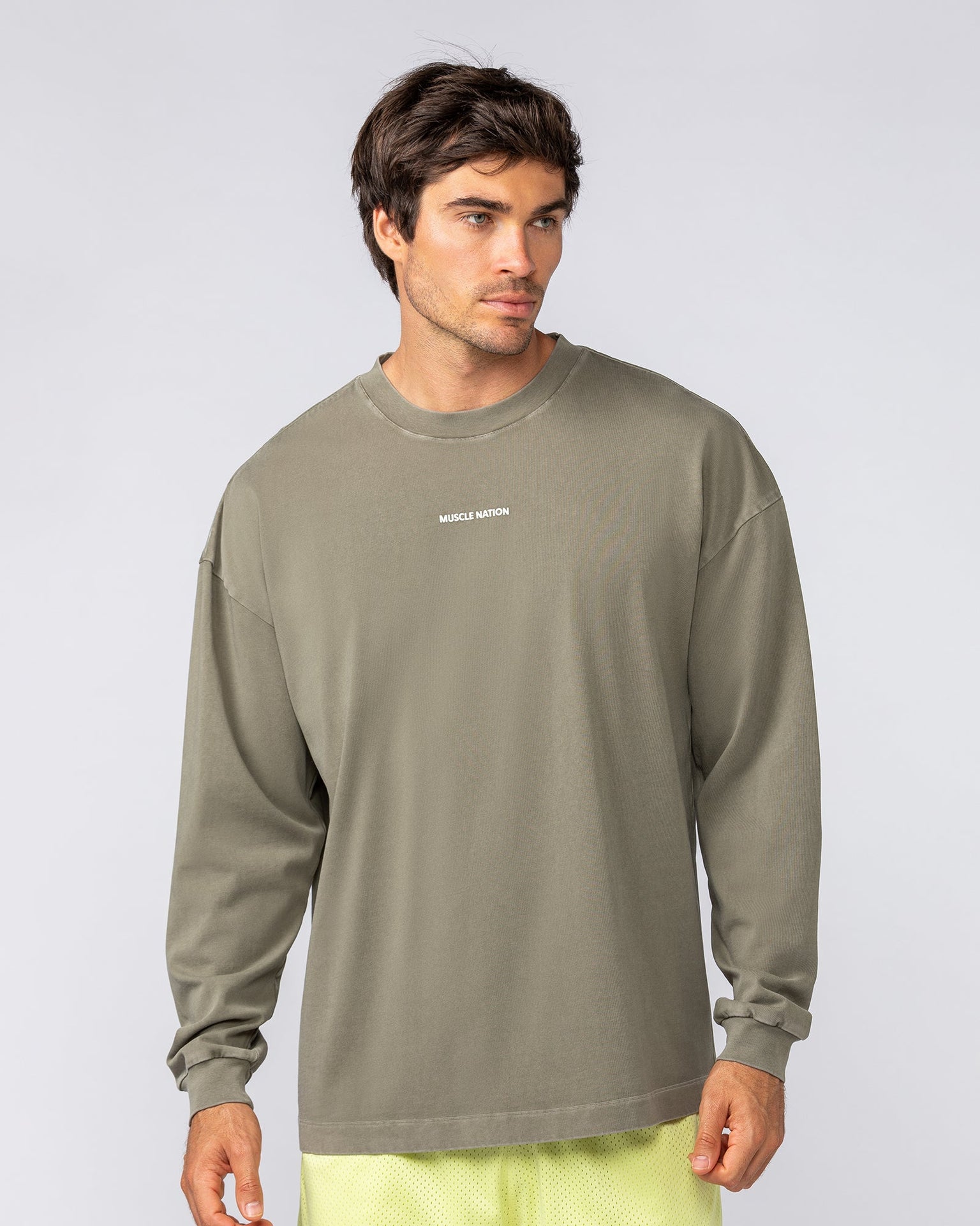 Alpha Oversized Mens Long Sleeve - Washed Dark Khaki-Long Sleeve T-Shirts-S-042513WHDRKH-S-MNAPPRL41748-1-Muscle Nation