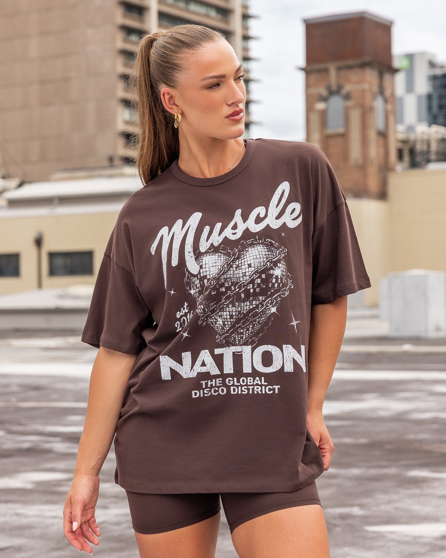 Disco District Oversized Tee - Cocoa-T-Shirts-XXS-032614COCOA-XXS-MNAPPRL49377-1-Muscle Nation