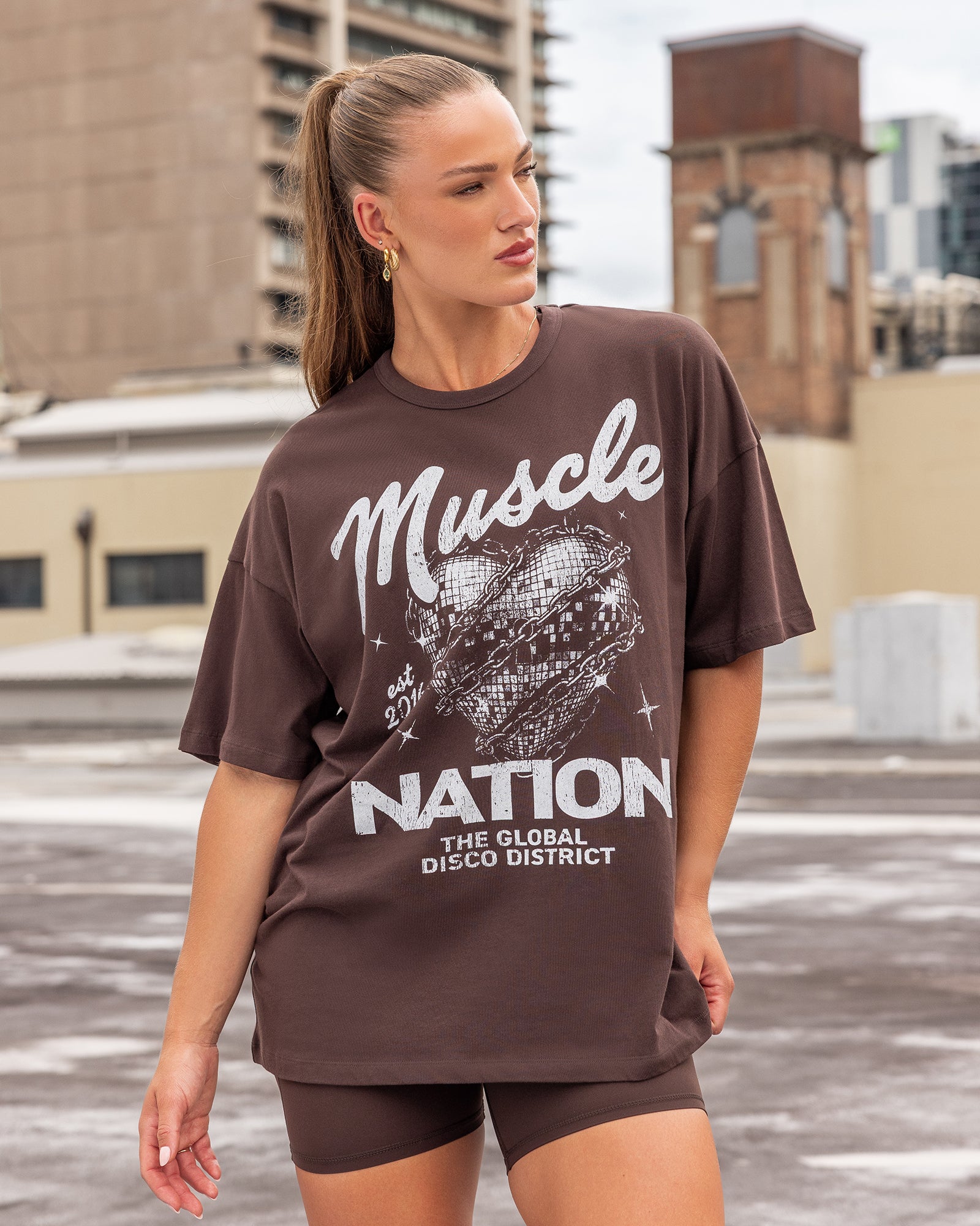 Disco District Oversized Tee - Cocoa-T-Shirts-XXS-032614COCOA-XXS-MNAPPRL49377-1-Muscle Nation