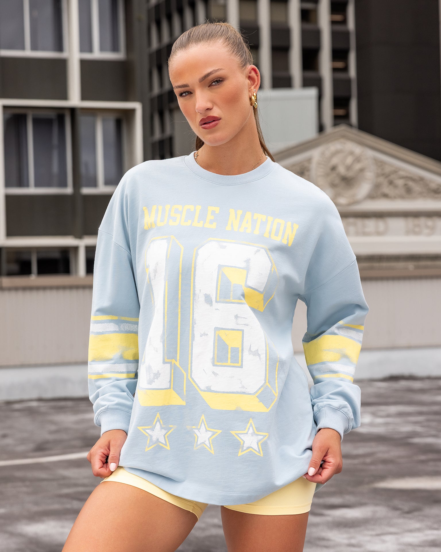 Numero Loopback Oversized Long Sleeve Top - Blue Bell-Long Sleeve T-Shirts-XXS-032615BLBL-XXS-MNAPPRL49395-1-Muscle Nation