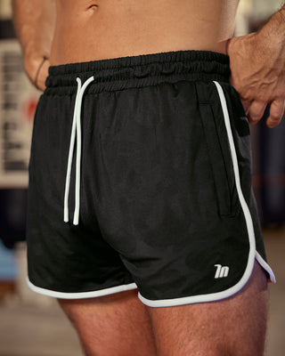 Tech Camo Retro Shorts Black Camo - Muscle Nation men's gym shorts