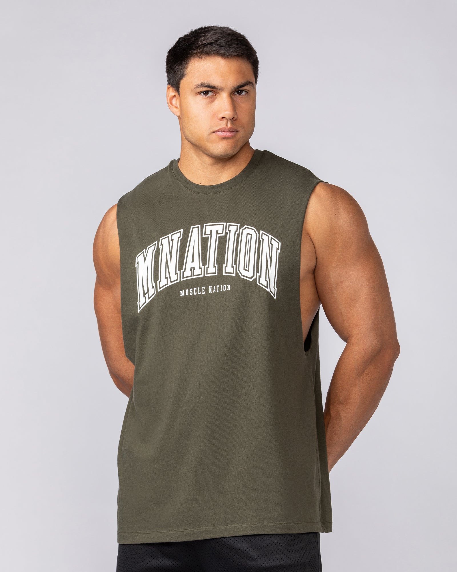 Varsity Training Drop Arm Tank - Dark Khaki-Singlets & Tanks-S-072503DKHAKI-S-MNAPPRL44042-2-Muscle Nation