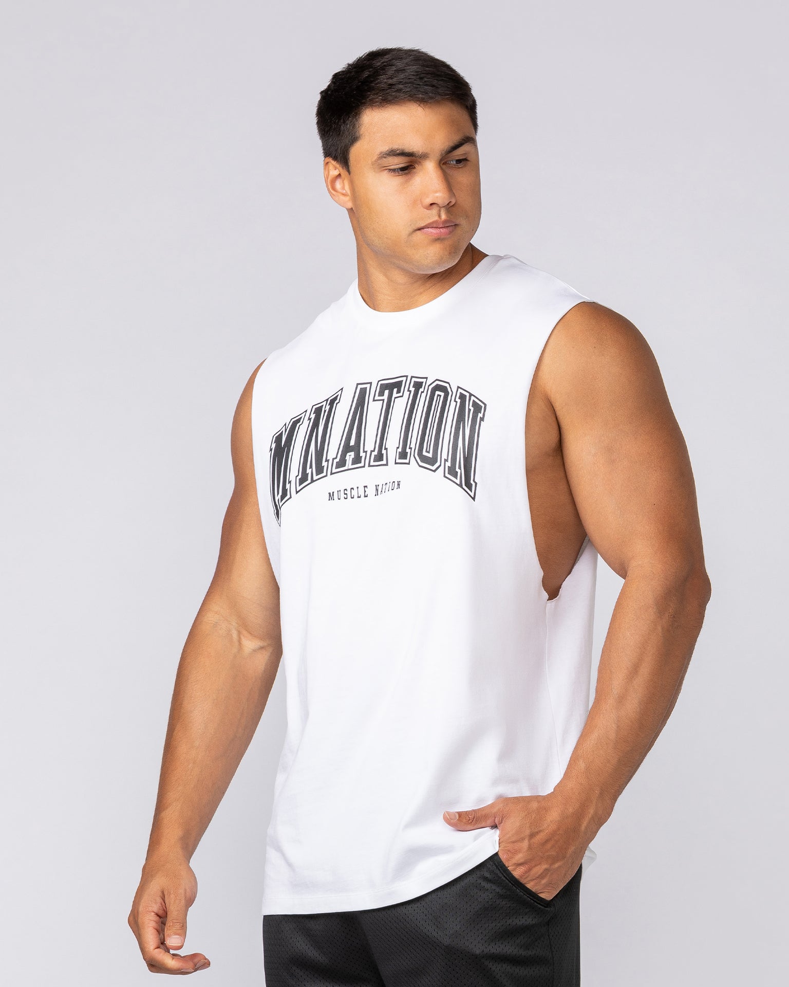 Varsity Training Drop Arm Tank - White-Singlets & Tanks-S-072503WHT-S-MNAPPRL44049-3-Muscle Nation
