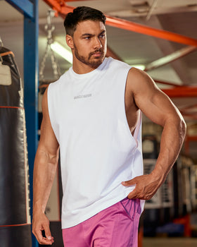 Training Drop Arm Tank - White-Singlets & Tanks-S-1125219WHT-S-MNAPPRL47896-1-Muscle Nation